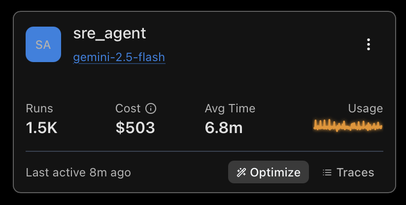 An agent card in the Agents view, an SRE agent with 1.5K runs and its cost, average time, and usage, and the Optimize button ready to click