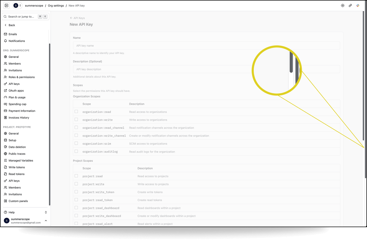 The New API Key page showing a phantom outer scrollbar alongside the expected inner scrollbar