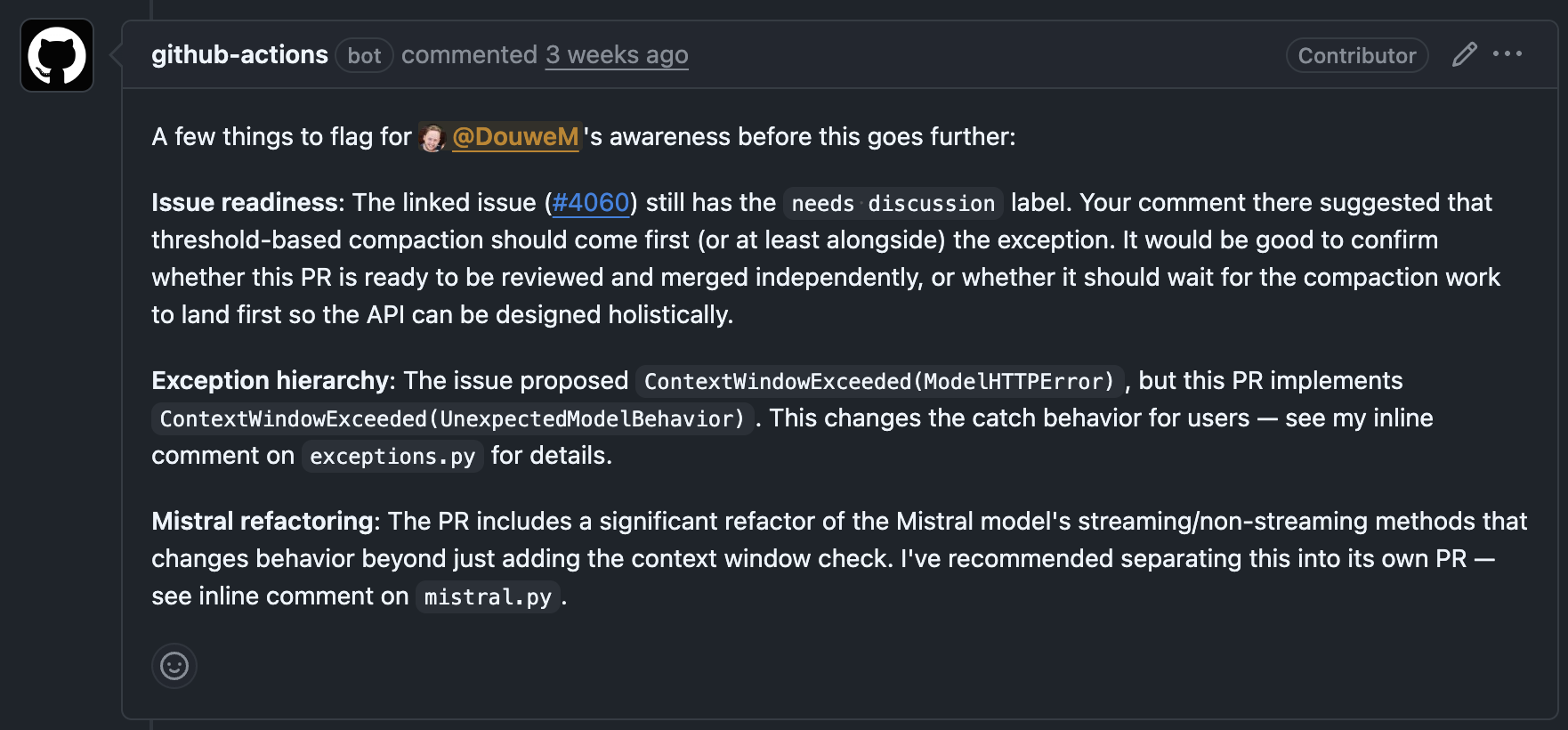 Screenshot of the auto-review bot escalating an API decision to a maintainer