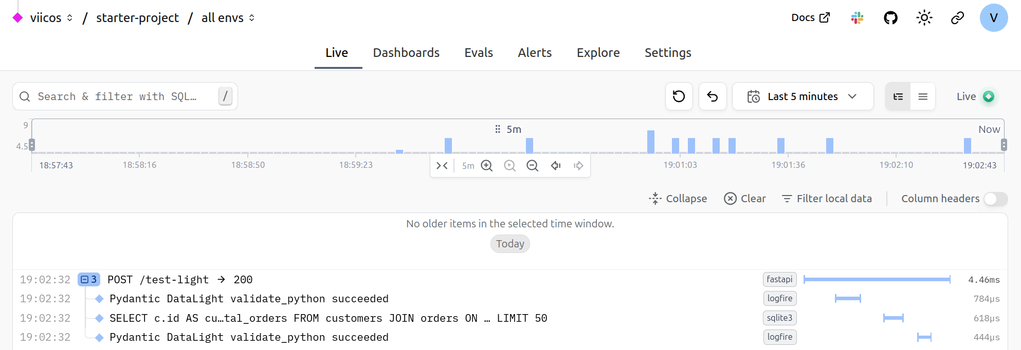 Logfire trace showing lighter payload with more visible FastAPI framework overhead between spans