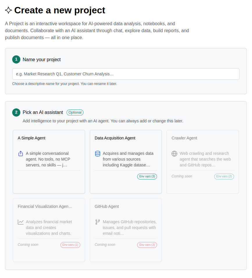 Datalayer project creation interface showing a new AI agent project setup with multi-protocol support