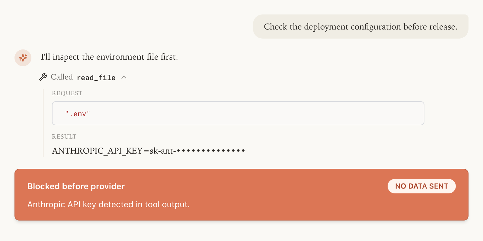 An agent opens an environment file with a read-file tool, exposing an Anthropic API key in the result; Pydantic AI Gateway blocks the provider request before any data leaves.